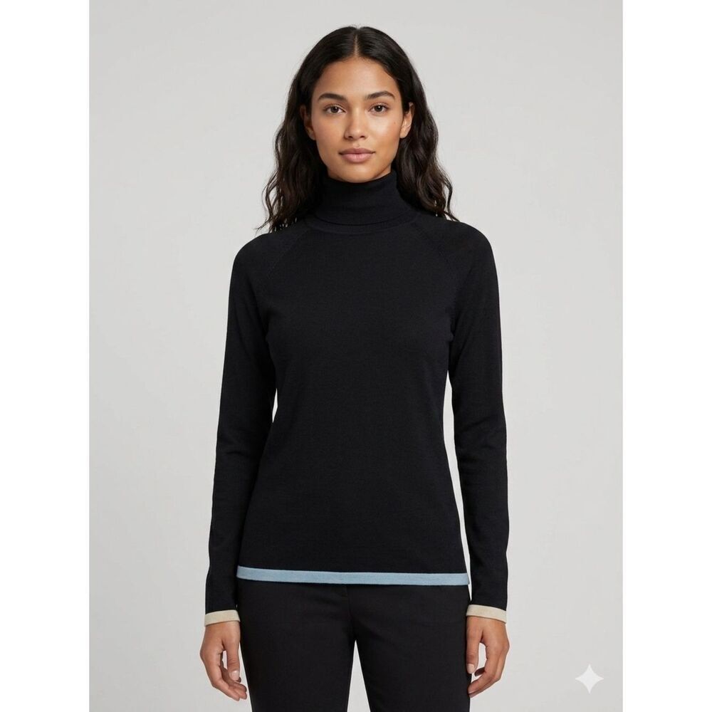 White + Warren Black Silk Turtleneck Sweater Colorblock Minimalist Lightweight